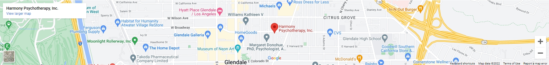 A map of harmony psychotherapy, located on the corner of e. Harvard st and east colorado ave