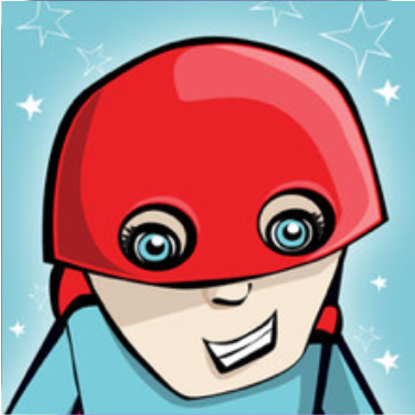 A cartoon of a person wearing a red helmet.